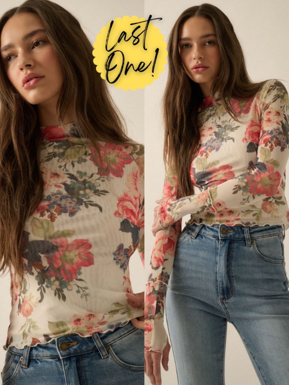 Suzanne Floral-Print Mesh Mock-Neck Thumbhole Top | Womens Fall and Winter Shirt